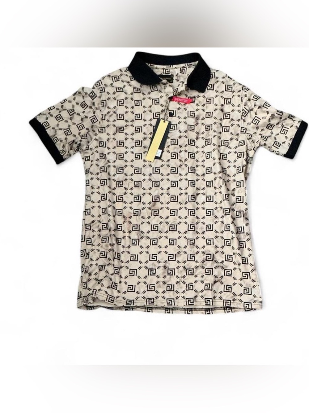 Mens Cream Polo Shirt with Black Geometric Print and Collar